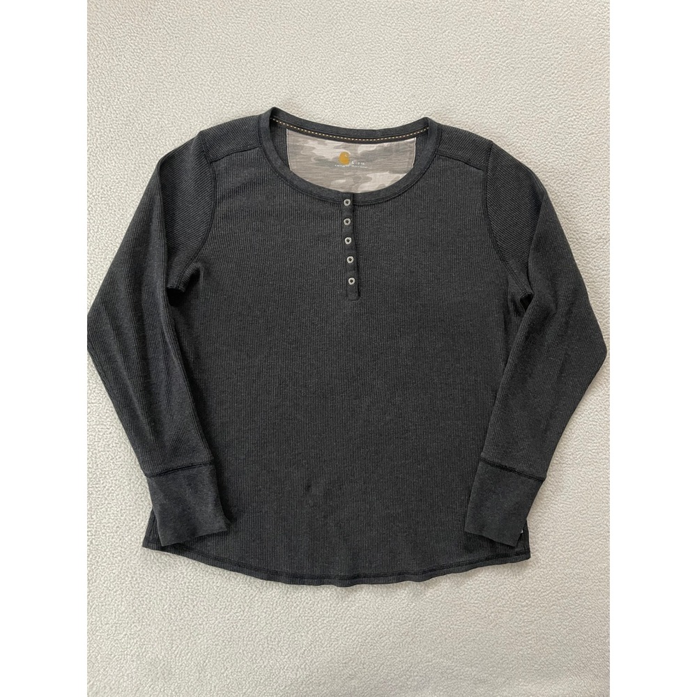 Carhartt Women Large Henley Top Charcoal Gray Waffle Knit Thermal Long Sleeve
